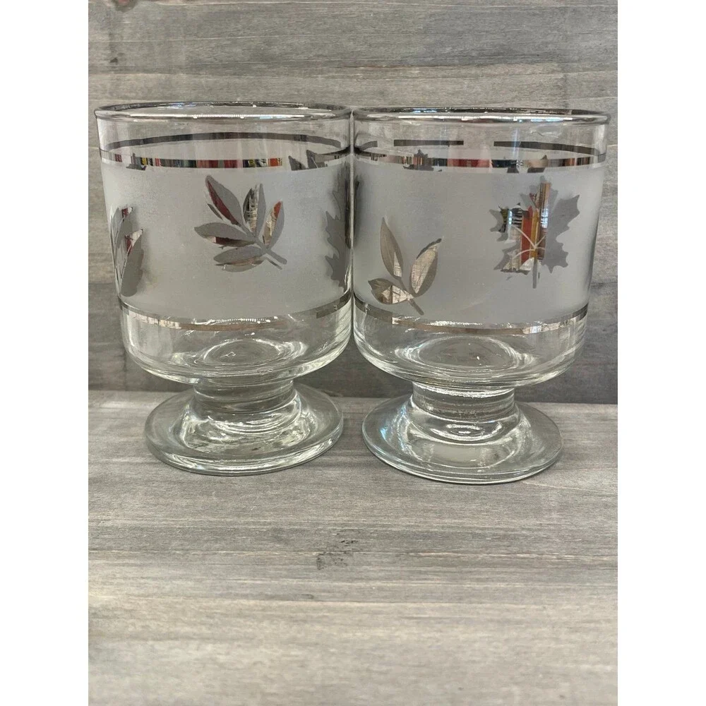 MCM Vintage Frosted Libbey Footed Juice Glasses Silver Leaf Pattern Low-Ball